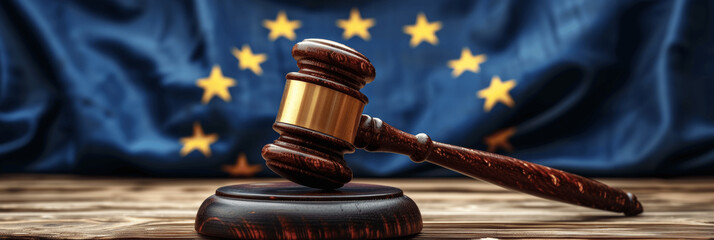 European Union Flag and Wooden Gavel on Table Concept of Law and Justice