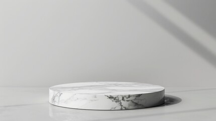 Poster - A round marble pedestal in a bright studio setting. Soft shadows are cast, adding depth and texture to a minimalist design.
