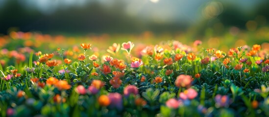 Wall Mural - Vibrant Flower Field at Sunrise with Colorful Blooms and Soft Sunlight