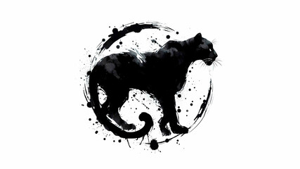 Panther silhouette black brush strokes in watercolor on white background