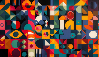 abstract geometric background pattern, retro/vintage style, with circles, squares, strokes and splashes

