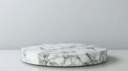 Poster - A round marble plinth sits on a reflective surface in a minimalist setting, showcasing sophisticated simplicity.