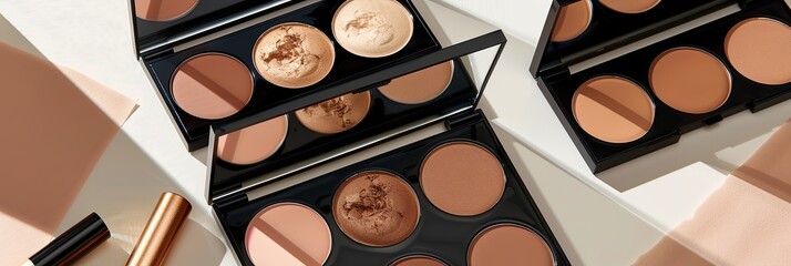 Aufkleber - Close-up of several contouring palettes and highlighters on a light background. Generative AI