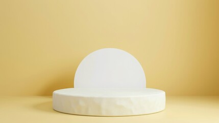 Leinwandbilder - A minimalist white circular pedestal stands against a solid yellow wall, set in a studio environment under daylight.