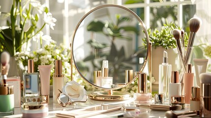 Poster - A gold vanity mirror surrounded by makeup products, like perfume, lotion, foundation, and brushes. Generative AI