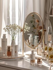 Aufkleber - A white vanity table with a gold-framed mirror surrounded by skincare products and flowers, bathed in natural light. Generative AI