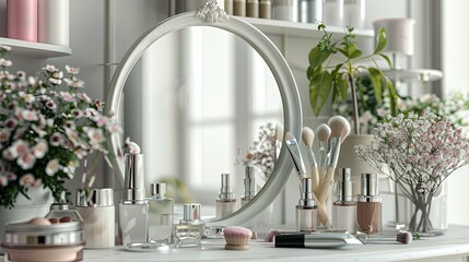 Poster - A white vanity tabletop with an ornate mirror, cosmetic products, and flowers. Generative AI