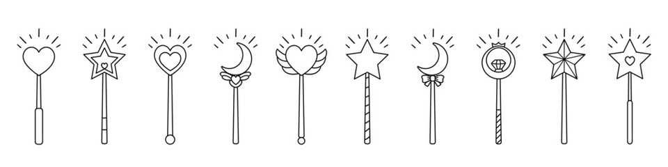 Magic wands doodle set. Fairytale element.Hand drawn vector illustration isolated on white background