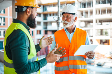 A diverse construction worker converses with a senior site manager at a bustling building site, both wearing safety helmets and reflective vests, with blueprints in hand.