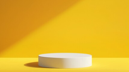 Poster - A minimalist white circular pedestal placed in a brightly lit yellow studio setting, casting a shadow, during the morning.