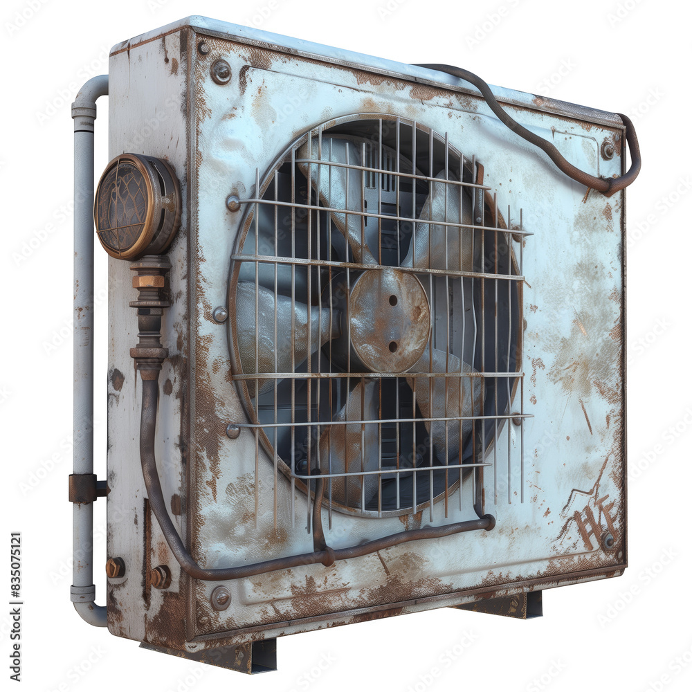 Rust-covered air conditioning unit with signs of wear and aged metal ...