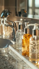 Poster - Stylish bottles of hair care products in a bathroom setting. Generative AI