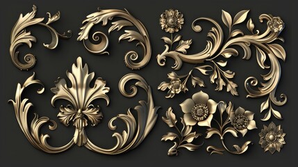 Wall Mural - Baroque and decorative elements in gold for printing