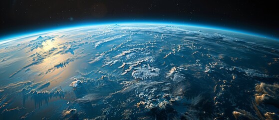 Wall Mural - A beautiful blue and white planet with a bright sun in the background
