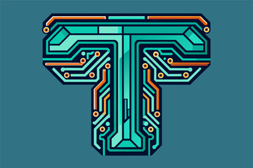 Aufkleber - a blue and orange t logo, technological logo with the letter T formed by circuit boards