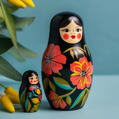 Modern Abstract Vinyl Wooden Russian Matryoshka Doll Design Decor With Copy Space