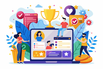 Leinwandbilder - a laptop with a cup and people around it, Social media post showcasing a contest