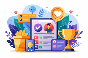 Leinwandbilder - a laptop with a cup and people around it, Social media post showcasing a contest