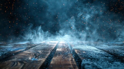 Wall Mural - The background consists of an empty dark scene with an old wooden floor covered in snow, smoke, and frost. An abstract dark background with neon lights.