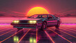 © Goodwave Studio - Artistic, aesthetic 90s car on neon laser gridlines with sunset horizon. 3D 80s retro wave, futuristic, clear, simple, sci-fi, texture, beautiful, isolated, futurism, background, template