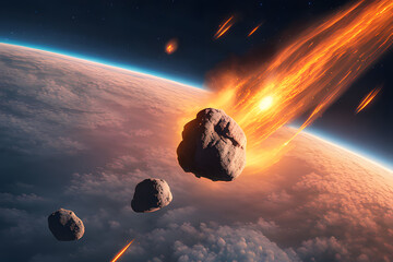 Poster - A glowing meteor streaks through a twilight sky, leaving a fiery trail of orange and blue as it descends toward the horizon.