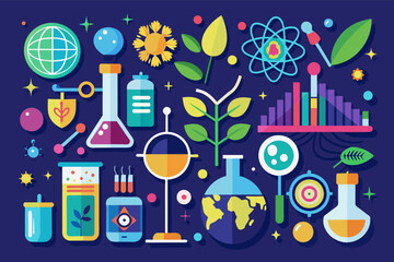 Poster - a science themed poster with various science related items, Set of flat design avatars representing different professions and ethnicities