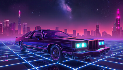 Wall Mural - Aesthetic 90s car on neon laser grid with city  horizon. 3D 80s retro wave, futuristic, clear, simple, sci-fi, texture, beautiful, isolated, futurism, background, template, blue, purple, pink