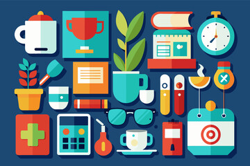 Poster - a bunch of different items that are on a blue background, Set of flat design icons depicting everyday objects in a minimalist and colorful style