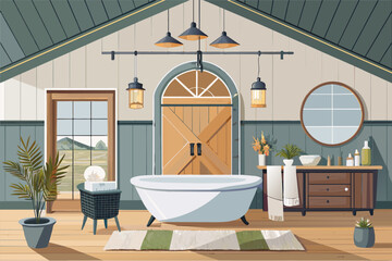 Aufkleber - a bathroom with a bathtub and a sink, Modern farmhouse bathroom with a freestanding bathtub, shiplap walls, and barn door cabinets