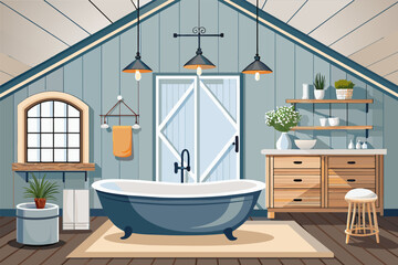 Aufkleber - a bathroom with a bathtub and a sink, Modern farmhouse bathroom with a freestanding bathtub, shiplap walls, and barn door cabinets