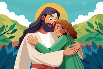 jesus hugging a child in a field, Jesus with a welcoming embrace