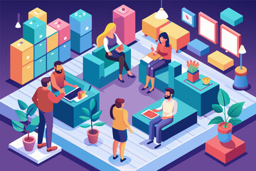 Poster - a group of people sitting around a table, Isometric people engaging in a casual conversation