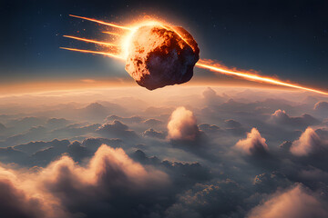 Wall Mural - A glowing meteor streaks through a twilight sky, leaving a fiery trail of orange and blue as it descends toward the horizon.