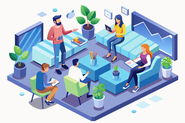 Poster - a group of people sitting around a table, Isometric people engaging in a casual conversation