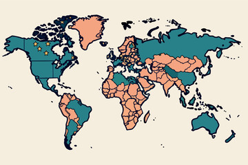 Fototapete - a map of the world with a blue background, Intricate world map outline with countries marked