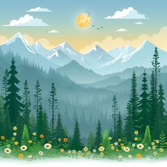 Wall Mural - beautiful jungle landscape nature digital art scene illustration, morning view with colorful cool bluish effect and clouds with bright sky through foggy, greeny mountain range coved with forest