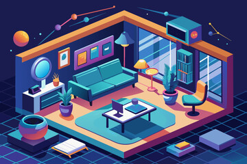 Poster - a room with a computer, chair, and other items, Interior design mockup with virtual reality room layout customization