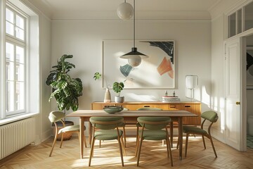 Wall Mural - Modern dining room with wooden furniture, large window, natural light, and indoor plants, creating a bright and inviting atmosphere.
