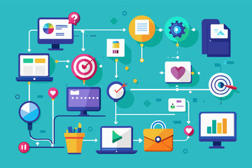 Poster - a blue background with a bunch of different icons, Flat design process flow chart outlining the steps for creating a successful marketing campaign