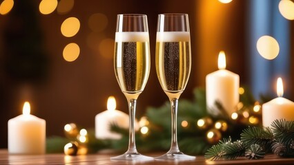 Wall Mural - glass of champagne, beautiful bokeh, light background 