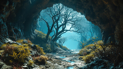 Poster - Wilderness Landscape Of Scenic View of Forest Trees From Inside Of A Dark Cave Background