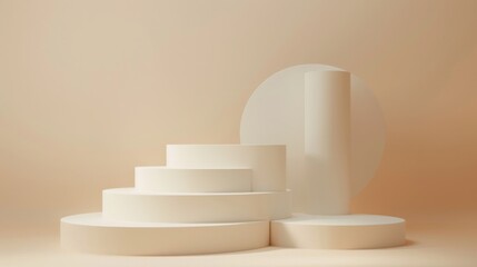 Leinwandbilder - A set of cylindrical white pedestals of varying heights arranged in a neutral-toned studio with soft and warm lighting, creating a minimalist and elegant display.