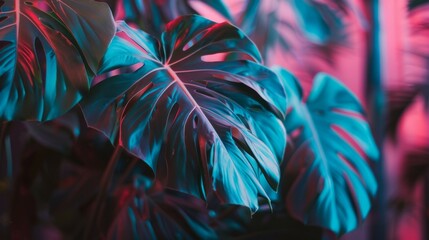 Wall Mural - vibrant monstera leaf close-up with neon lighting creating a stunning pink and teal color contrast, 