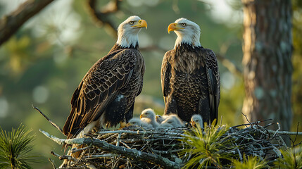 pair of bald eagle nesting tall tree captured tranquil nature photography using DSLR camera telephoto lens they tend their young tender care watchful eye symbolizing importance of family protection