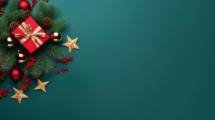 Christmas Day concept. Top view photo of big present box green red baubles gold star ornament pine cone mistletoe berries snow and fir branches on isolated green background, generative ai