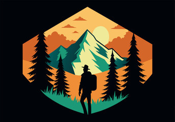 Wall Mural - A man is walking in the woods with a backpack