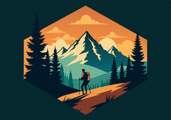 Wall Mural - A man is hiking up a mountain with a backpack