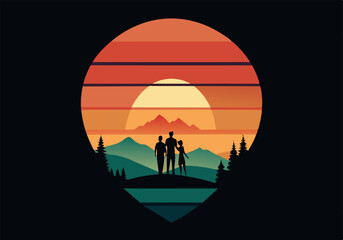 Wall Mural - A family of three is standing on a mountain top, looking out at the sunset