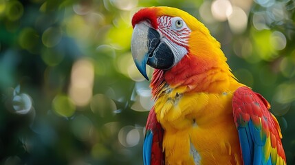 This image showcases a macaw parrot looking at the camera with a beautiful bokeh background of greenery