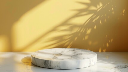 Aufkleber - A round marble stand is placed on a sleek white surface against a yellow wall with shadows of leaves cast by sunlight.